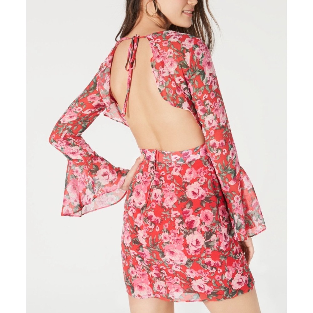 Red Pink Floral Open Back Bell Sleeve Mini Dress Size 5/6 Romantic Coquette Rose